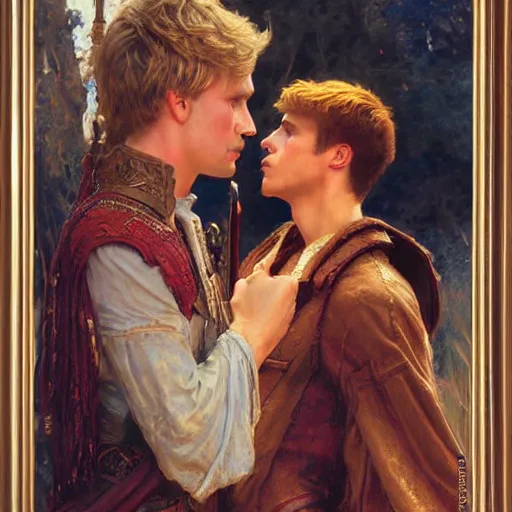 Image similar to attractive male arthur pendragon confesses his love to attractive male merlin. highly detailed painting by gaston bussiere, craig mullins, j. c. leyendecker 8 k