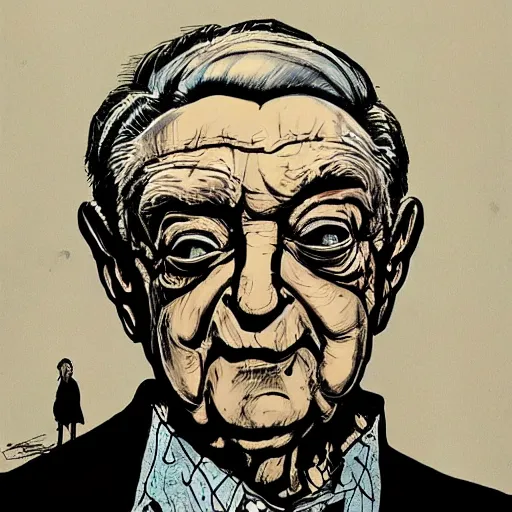 Image similar to George Soros by Ralph Steadman, illustration, body horror, biopunk