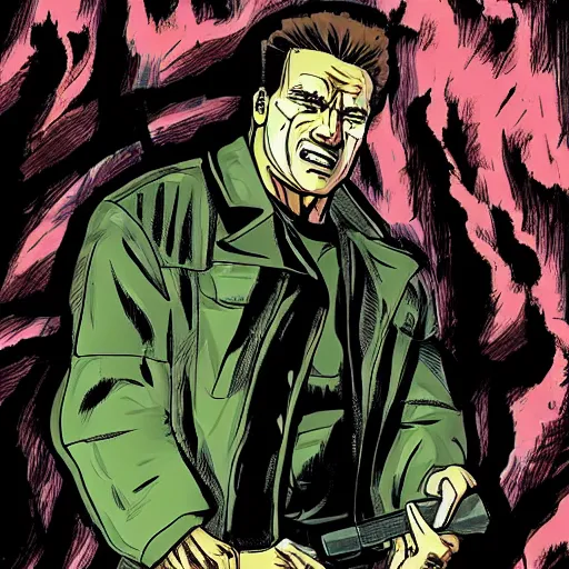 Prompt: arnold schwarzenegger in chainsaw man ( manga )