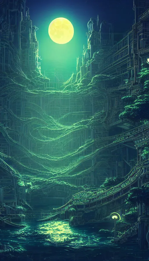 Image similar to reclaimed by nature by moon hoon, darkacademia atlantis cosmic san andreas at dawn neon signs tokyo synthwave universe, archdaily, wallpaper, highly detailed, trending on artstation.