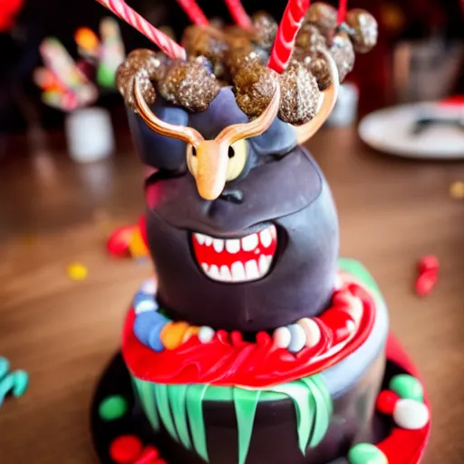 Image similar to the devil at his birthday party, cake, 8 k photography