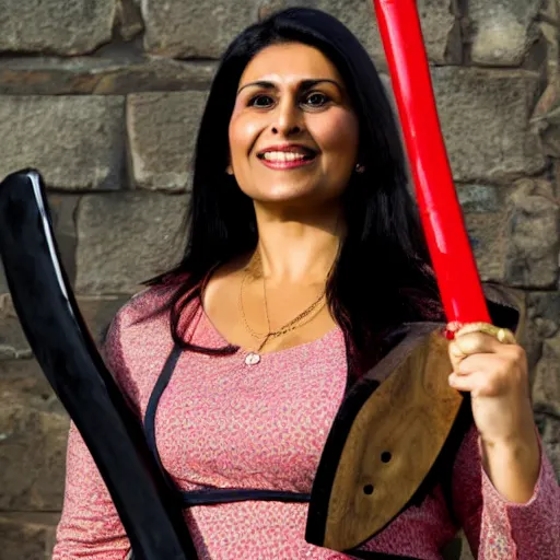 Prompt: A medium shot photograph of priti patel holding a large medieval axe, 4k , HD