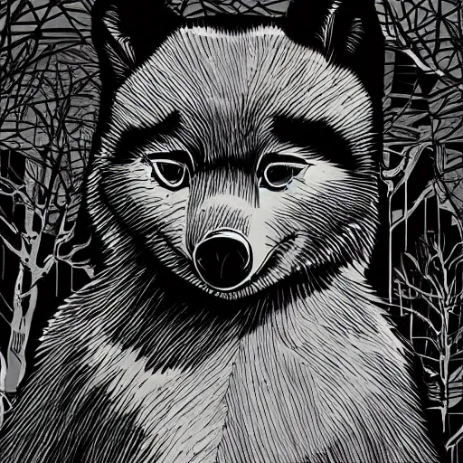 Image similar to 🦝🏝, comic art, digital art, spooky, black and white