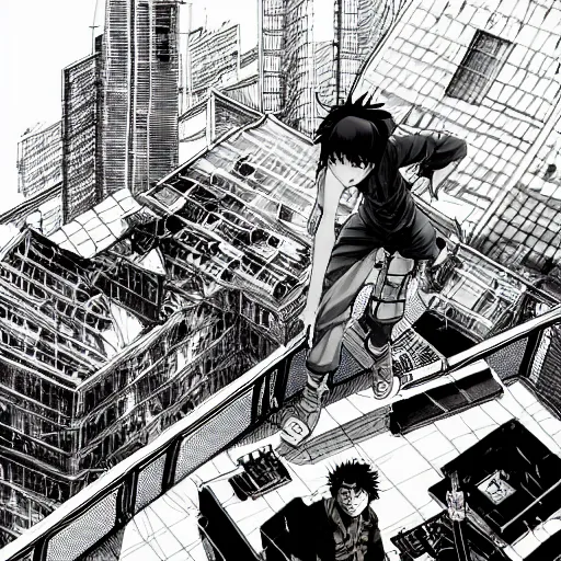 Image similar to high quality illustration of a rooftop picnic in an abandoned building in the style of ghost in the shell and blame and akira, manga, black and white, pencil, traditional art, anime, by katsuhiro otomo and tsutomu nihei and masamune shirow and studio ghilibi and yukito kishiro, highly detailed, sharp lines