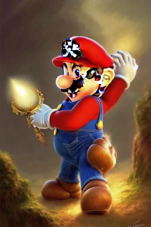 Prompt: mario getting ready for battle, fantasy magic, light night, intricate, elegant, sharp focus, illustration, highly detailed, digital painting, concept art, matte, art by wlop and artgerm and ivan shishkin and andrey shishkin, masterpiece