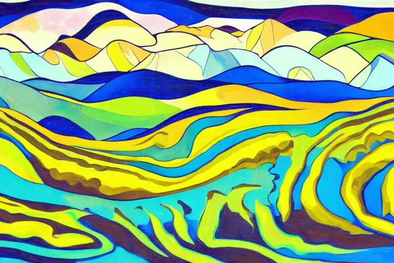 Image similar to Landscape painting. Wild energy patterns rippling in all directions. Curves, zig-zags. Organic. Mountains. Clouds. Vegetation. Rushing water. Waves. LSD. Fauvism.