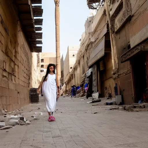 Prompt: High quality photo of Cleopatra, lost and confused in the streets of modern-day Cairo