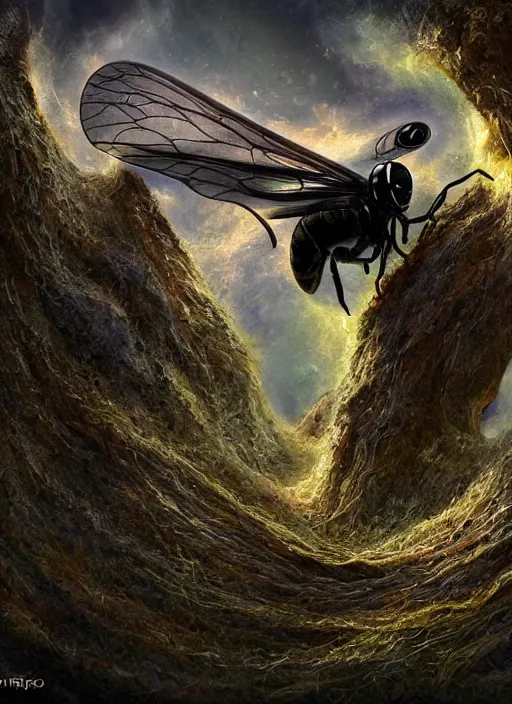 Prompt: photo of a crazy wasp, warped reality, cinematic lighting, fantasy landscape, artstation, art by alison watt, altichiero, americo makk, arthur hughes
