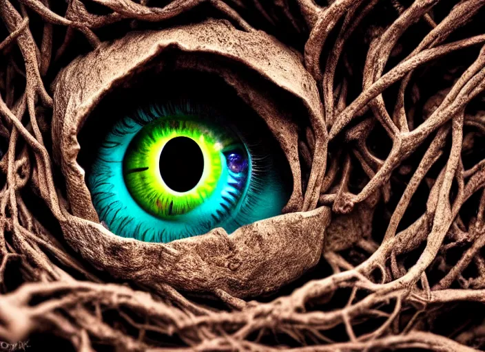 Image similar to photo of an eye wrapped in roots underground. Fantasy magic style. Highly detailed 8k. Intricate. Nikon d850 55mm. Award winning photography.