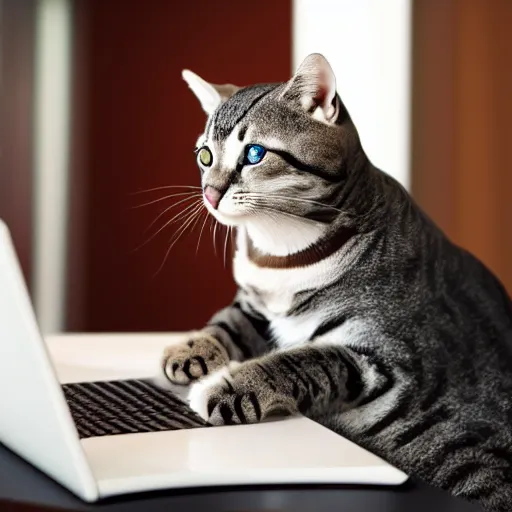 Prompt: realistic photo of an anthropomorphic cat wearing a business suit using a computer in an office