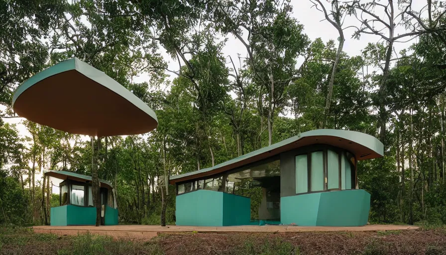 Image similar to A wide image of an eco-community neighborhood of innovative contemporary 3D printed prefab sea ranch style cabins with rounded corners and angles, beveled edges, made of cement and concrete, organic architecture, in a lush green forest Designed by Gucci and Wes Anderson, golden hour