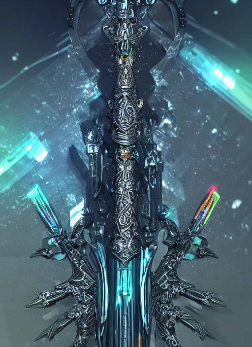 Image similar to legendary glowing sword of cybernetic technology, intricate, sharp black and iridescent blade, ornate gothic baroque spikes coming out, colorful hilt, vivid detailed realistic, ray tracing, colored gems, golden pommel, artstation, deviantart