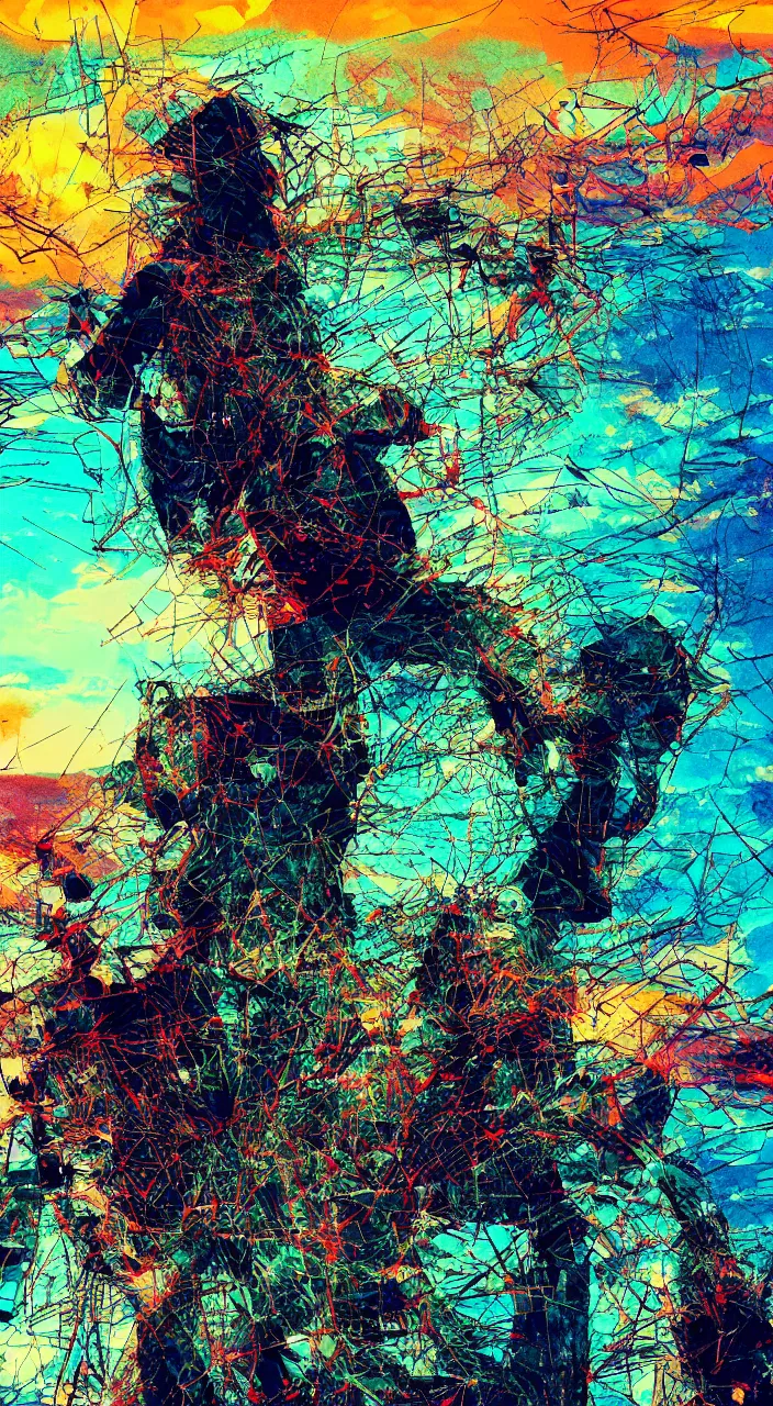 Image similar to pixel sorting in the style of ralph steadman, gearlord digital celluar automata, vivid dusk sunlight, color film grain, ultra realistic