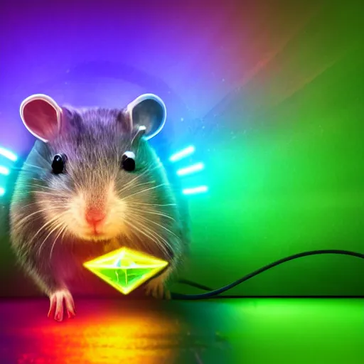 Image similar to cyberpunk hamster made of neon lights holding a rainbow gem crystal, light reflection, 8 k, hd, logo