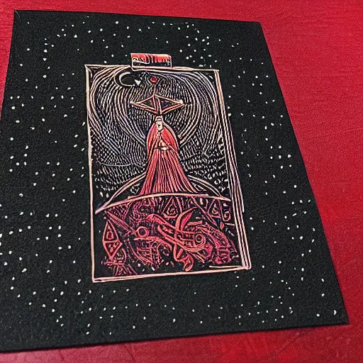 Image similar to tarot card on black paper of intricate red illustration of runes