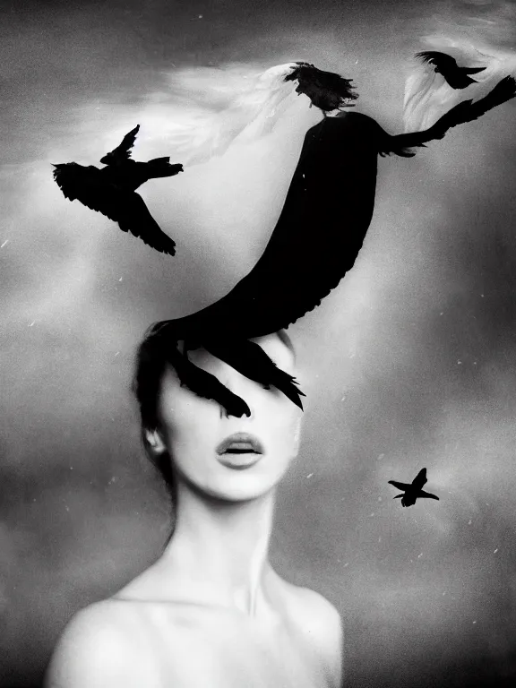 Image similar to portrait of iconic beautiful woman in sophisticated black dress keeping in hands white birds that flying apart turning to smoke and fire and dust. 35mm double-exposure photo, thick fog, daylight, deep shadows, depth of field, cinematic lightning, wide angel, eerie atmosphere, motion blur, HD, smooth and very detailed quality, masterpiece, volumetric lightning, chromatic aberration, Richard Avedon, style of Ade Santora, Tatiana Gorilovsky, cinematic composition, occult, german expressionism, masterpiece, intricate detailed, deep rich palette, wide angel shot