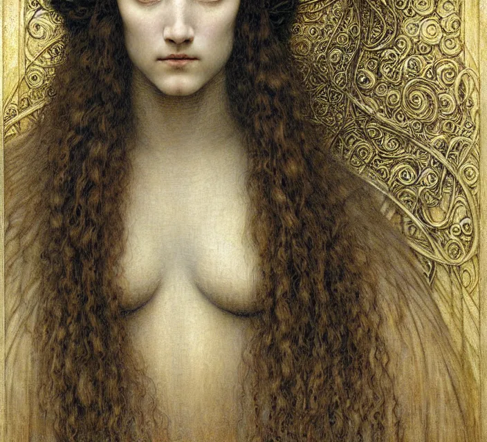 Image similar to detailed realistic beautiful young medieval queen face portrait by jean delville, gustave dore and marco mazzoni, art nouveau, symbolist, visionary, gothic, pre - raphaelite. horizontal symmetry