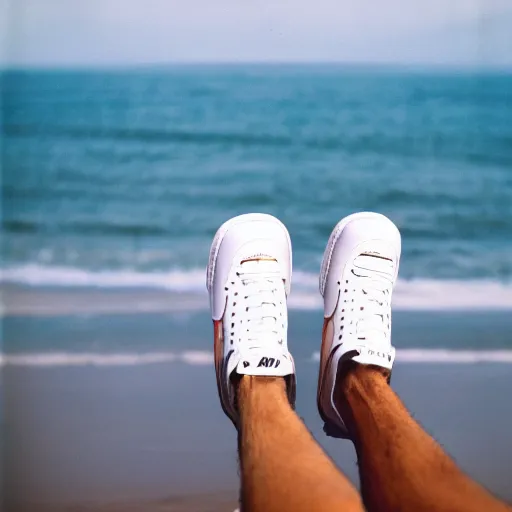 Image similar to person photographs his white nike air force one sneaker on a beach, color film photography, 3 5 mm, pov