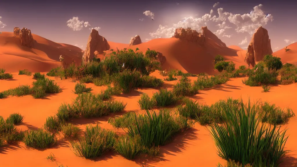 Prompt: The Sahara desert slowly being taken over by plants, fantasy artwork, very very very beautiful scenery, hd, hdr, ue5, ue6, unreal engine 5, cinematic 4k wallpaper, 8k, ultra detailed, high resolution, artstation, award winning
