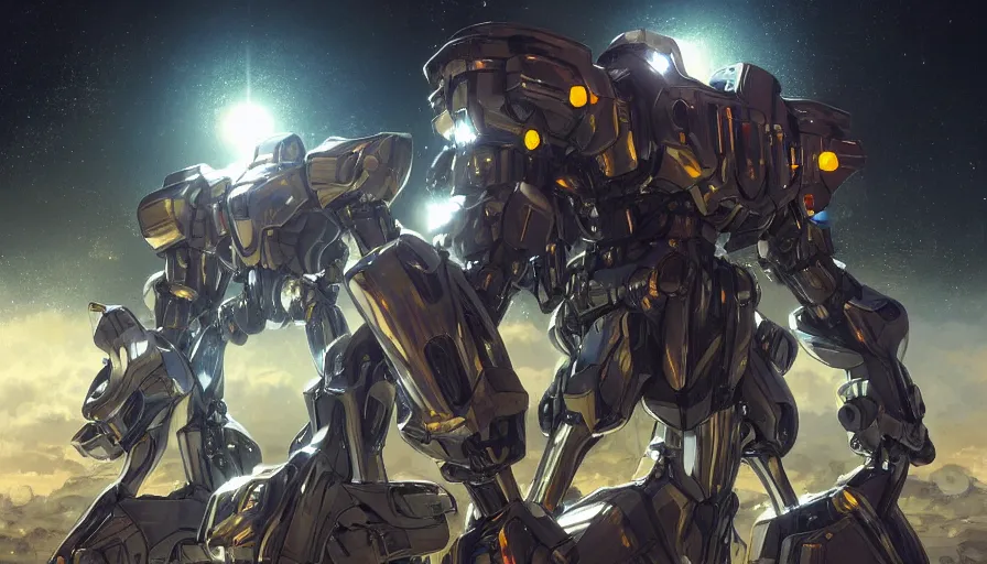 Image similar to large walking mechs and mechsuits covered in reflective gold and silver armor, 'bubblegum crisis' and Japanese mech aesthetic, beautiful moon lit night, many glowing lights, beautiful forests and trees, intricate detail, epic wallpaper, art by WLOP and Jason Chan and darek zabrocki and John Park, trending on artstation, masterpiece.