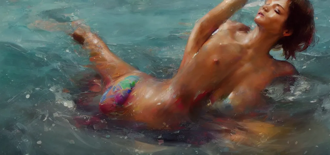 Prompt: a realistic hyperdetailed multi - colored digital oil full body portrait painting of a a beautiful woman floating on her back in the ocean, the style of guy denning, ruan jia, and craig mullins. trending on artstation and deviantart. cgsociety digital art.