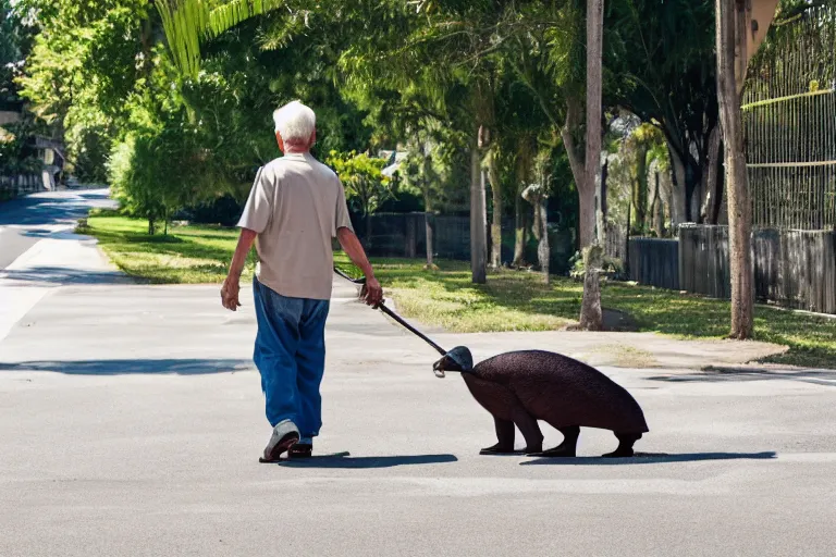 Image similar to Old man walking his platypus on a residential street