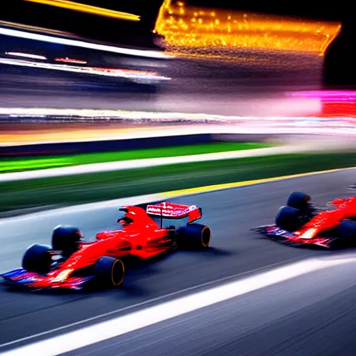 Prompt: formula 1 racing long exposure under night lights huge crowds hyperrealistic award - winning photography nikon