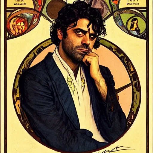 Image similar to oscar isaac portrait by louis - theophile hingre and alphonse mucha, realistic, sharp focus, zodiac signs, tarot cards, planets, ethereal, art nouveau, magic, moon, sun, crown, dreamy, royal, jewellery