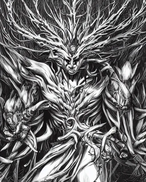 Image similar to A forest elemental, terrifying, black and white, fantasy art, monster art, in the style of masami kurumada, illustration, epic, fantasy, intricate, hyper detailed, artstation, concept art, smooth, sharp focus, ray tracing