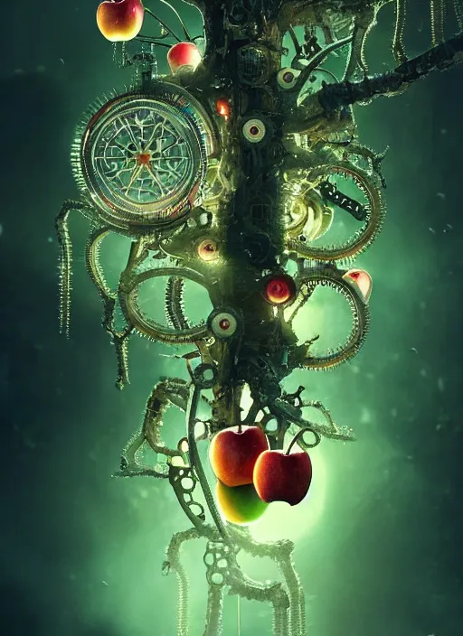 Prompt: intricate mechanical translucent apples with visible gears and components inside, growing off a tree, on the background of a weird magical mechanical forest. Very detailed 8k. Fantasy cyberpunk horror. Sharp. Cinematic post-processing