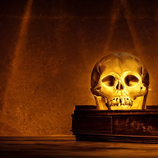 Image similar to a dark ominous chiaroscuro baroque still life photo of a single ray of light shining on a floating golden skull completely engraved in ancient runic inscriptions, messages, prophecies, spells by billelis. ominous darkness background. weirdcore