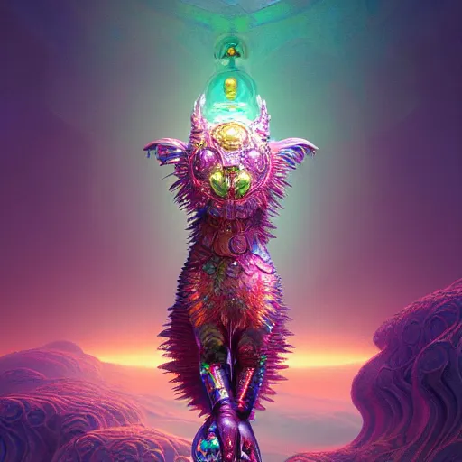 Image similar to iridescent opalescent cyborg animal in candyland, warm tones : by michal karcz, daniel merriam, victo ngai and guillermo del toro : ornate, dynamic, particulate, intricate, elegant, highly detailed, centered, artstation, smooth, sharp focus, octane render