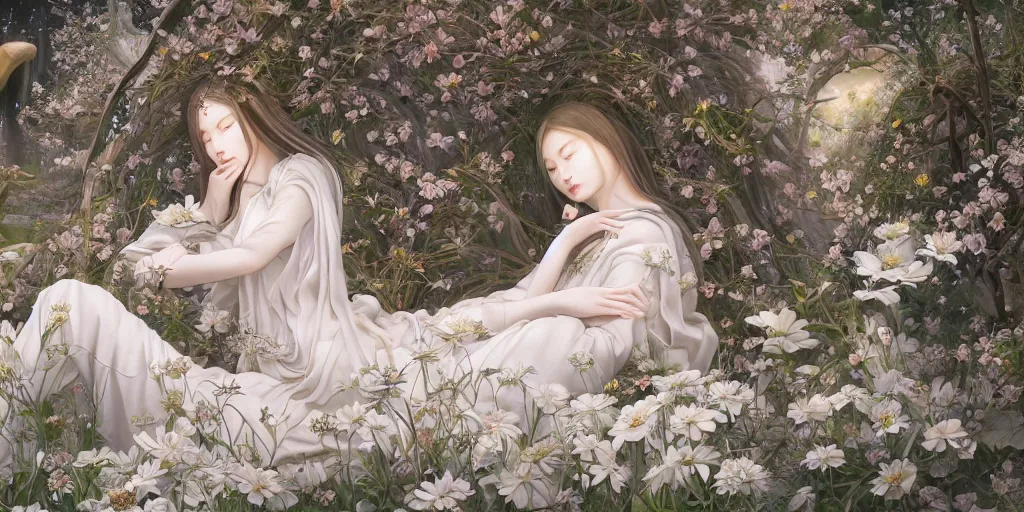 Image similar to breathtaking detailed concept art painting of the sleeping in field goddess of white flowers, orthodox saint, with anxious, piercing eyes, ornate background, amalgamation of leaves and flowers, by Hsiao-Ron Cheng, James jean, Miho Hirano, Hayao Miyazaki, extremely moody lighting, 8K