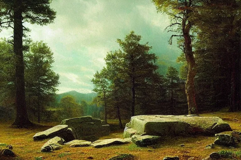 Image similar to runestone, megalithic, monument, nature, trees, focused, centered, very detailed, norse, histor, oil painting, Albert Bierstadt