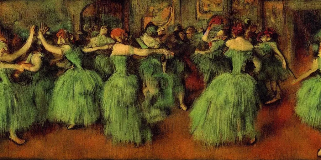 Image similar to tall terrifying green aliens sitting in a circle. in the victorian era. in the style of an impressionist painting. edgar degas