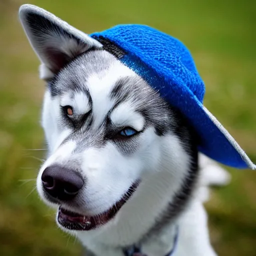 Image similar to A photo of a Husky dog wearing a hat