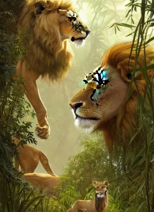 Prompt: illustration of a lion hunting a deer in the jungle, highly detailed, digital painting, artstation, concept art, smooth, sharp focus, illustration, art by artgerm and greg rutkowski and alphonse mucha