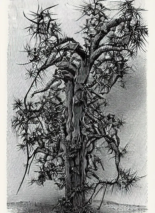 Prompt: 19th century wood-engraving of a spikey vine growing out someone's palm, whole page illustration from Jules Verne book titled Stardust Crusaders, art by Édouard Riou Jules Férat and Henri de Montaut, close up, high quality, beautiful, highly detailed, removed watermarks