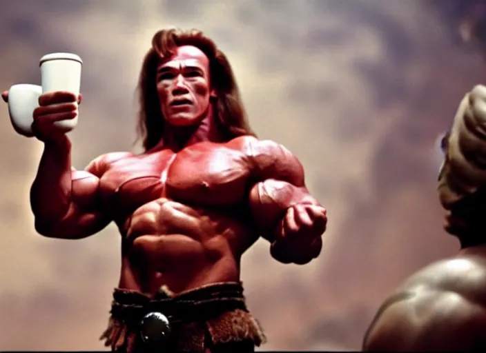 Prompt: film still of arnold schwarzenegger dressed as conan, holding coffee in starbucks, focus on faces, cinematic lighting, unreal engine, steve mccurry, volumetric lighting....