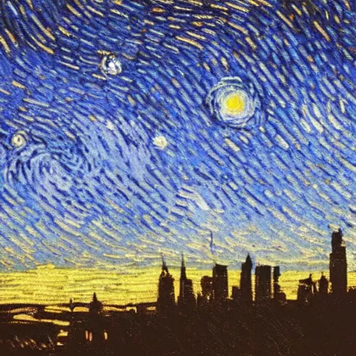 Prompt: A starry night sky, with a city in the distance, sharp focus, no blur, 50mm lens, 4k, by Vincent Parker and Vincent van Gogh