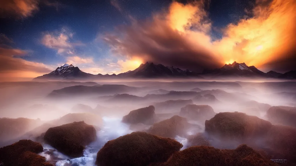 Image similar to amazing landscape photo by marc adamus, beautiful dramatic lighting