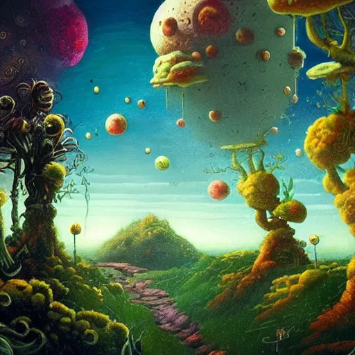 Image similar to a garden on the moon, 8 k, lowbrow, in the style of martin johnson heade, roger dean and alexander jansson, artstation,