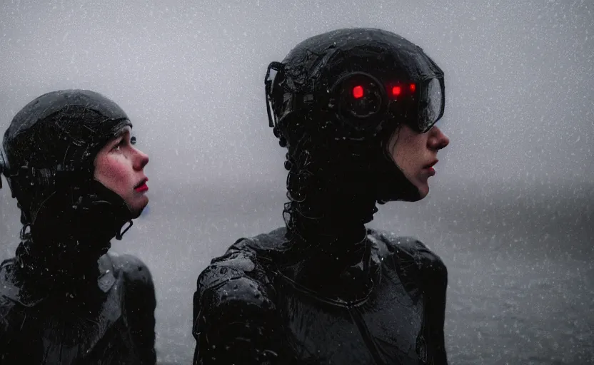 Image similar to cinestill 5 0 d candid photographic portrait by helen levitt of two loving female androids wearing rugged black mesh techwear in treacherous waters, extreme closeup, modern cyberpunk moody depressing cinematic, pouring rain, 8 k, hd, high resolution, 3 5 mm, f / 3 2, ultra realistic faces, ex machina