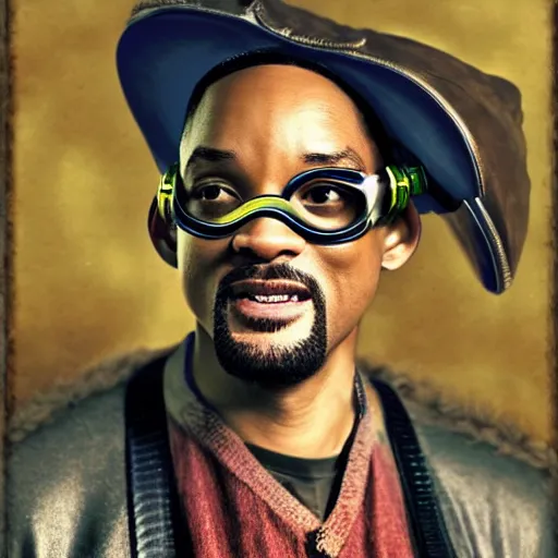 Image similar to will smith wearing big steampunk googles, colored photo by gustave baumann