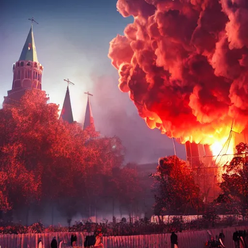 Prompt: a big explosion with clubs of smoke in the form of cotton plant in Red Square Kremlin, dynamic lighting, cinematic, extremely high detail, photo realistic, cinematic lighting, post processed, concept art, artstation, matte painting, unreal engine 8k