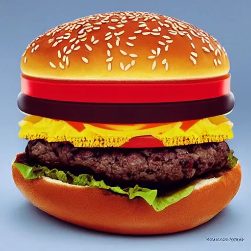 Prompt: a hamburger, on a bun, with cheese, lettuce and tomato, entirely made out of music. Surrealist art studio photography