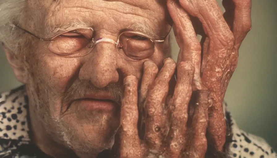 Image similar to 7 0 s movie still of a old man with trypophobia hands in the hospital, cinestill 8 0 0 t 3 5 mm eastmancolor, heavy grain, high quality, high detail