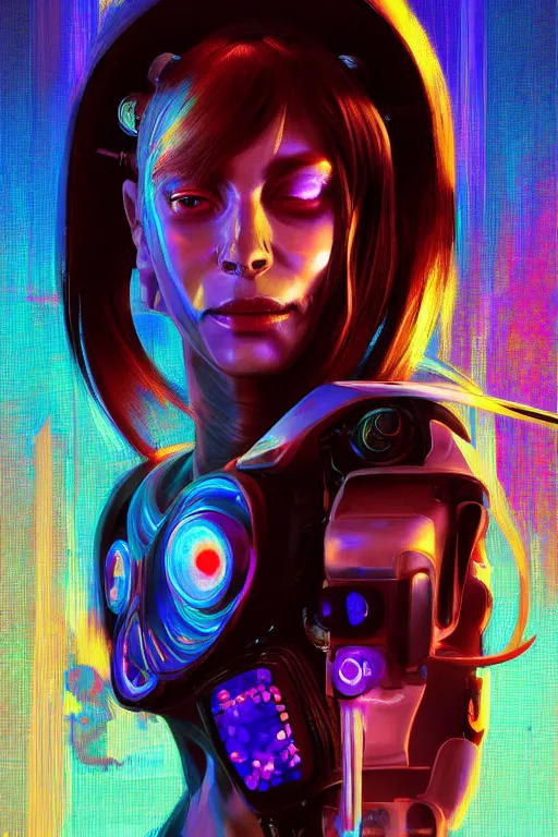 Prompt: portrait, headshot, digital painting, an beautiful techno - shaman cyborg lady, smiling, pearlescent, synthwave, glitch, fracture,, realistic, hyperdetailed, chiaroscuro, concept art, octane render, art by syd mead