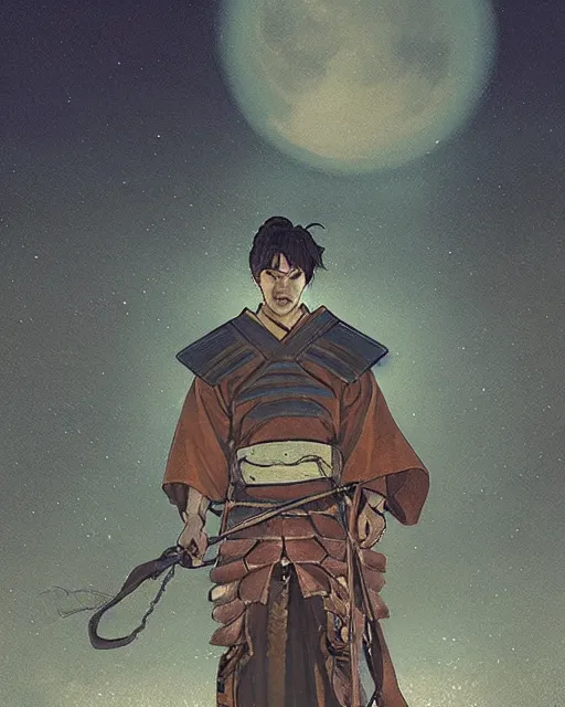 Image similar to '' Illustration a samurai breaking its chains, (night), (moon in the background), digital painting, artstation, concept art, sharp focus, illustration, art by greg rutkowski and alphonse mucha ''