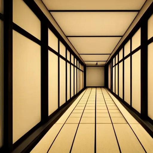 Image similar to still photo of a japanese hallway, highly detailed, photorealistic portrait, bright studio setting, studio lighting, crisp quality and light reflections, unreal engine 5 quality render